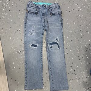 bebe Blue Distressed Straight Leg Jeans